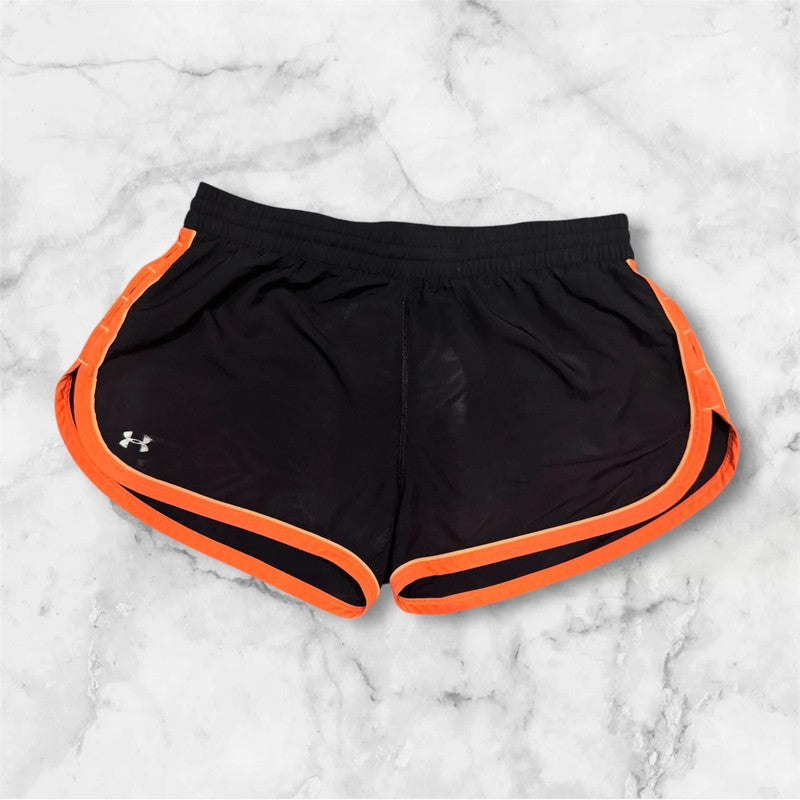 Women’s Black and Orange Under Armour Heat Gear Sports Running Shorts