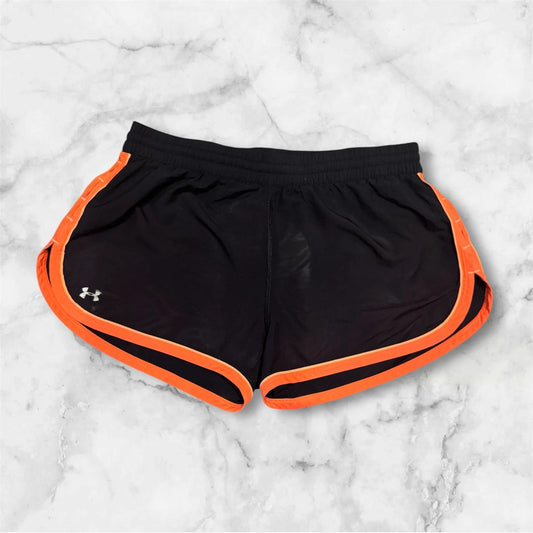 Women’s Black and Orange Under Armour Heat Gear Sports Running Shorts